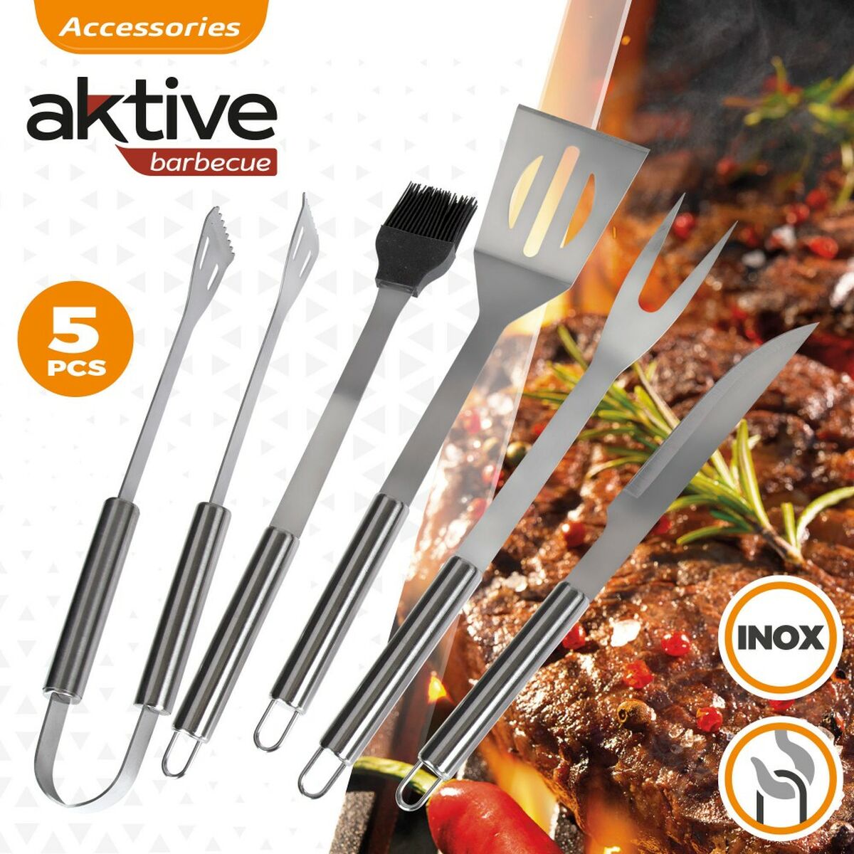 Barbecue utensils Aktive Silicone Stainless steel 12 Units 7,5 x 35 x 1,9 cm (5 Pieces)