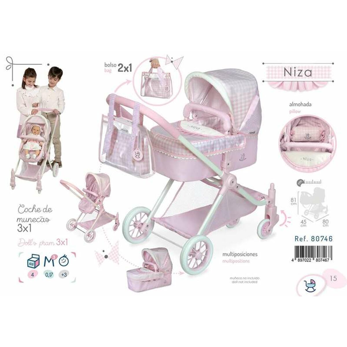 Doll Stroller Decuevas XL 3-in-1 45 x 80 x 81 cm - Yokefinds Ireland