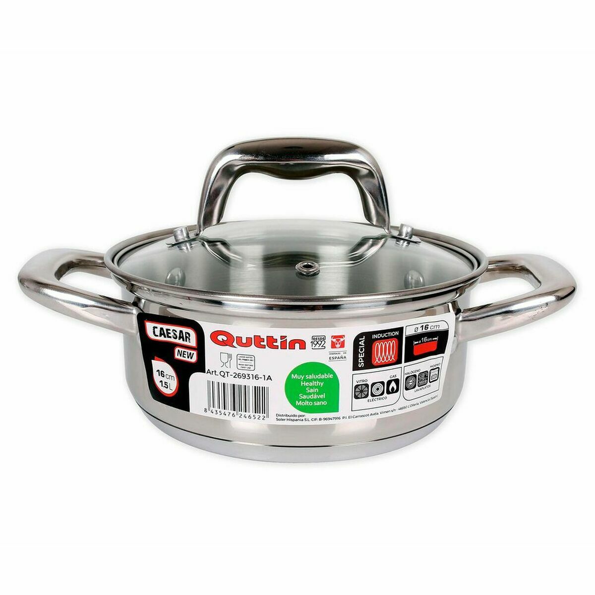 Casserole Quttin 139494 With lid Steel Ø 16 x 7 cm (6 Units) (16 cm) (1,5 L)