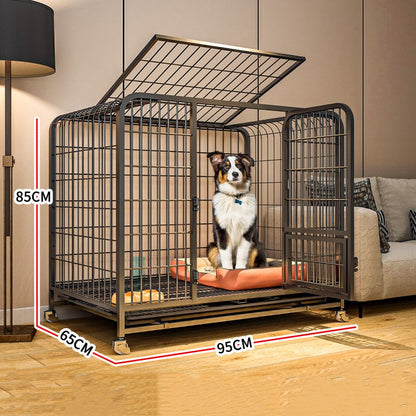 Heavy Duty Metal Dog Cage with Wheels 95x85x65cm Large Dog Kennel Crate with Double Doors Lockable Pet Playpen Removable Tray - YOKE FINDS 🇮🇪 IE 